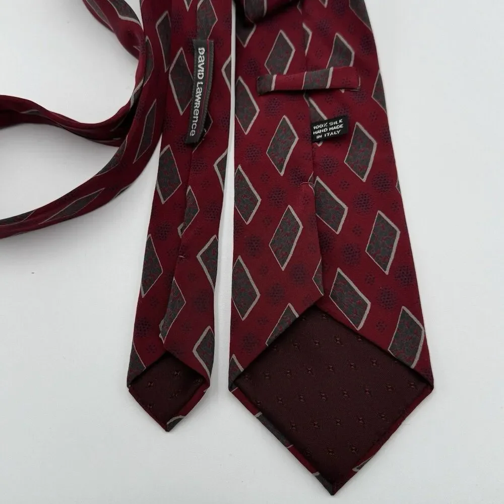 Vintage David Lawrence Silk Tie 80s 90s Burgundy Diamond Geometric Necktie Italy